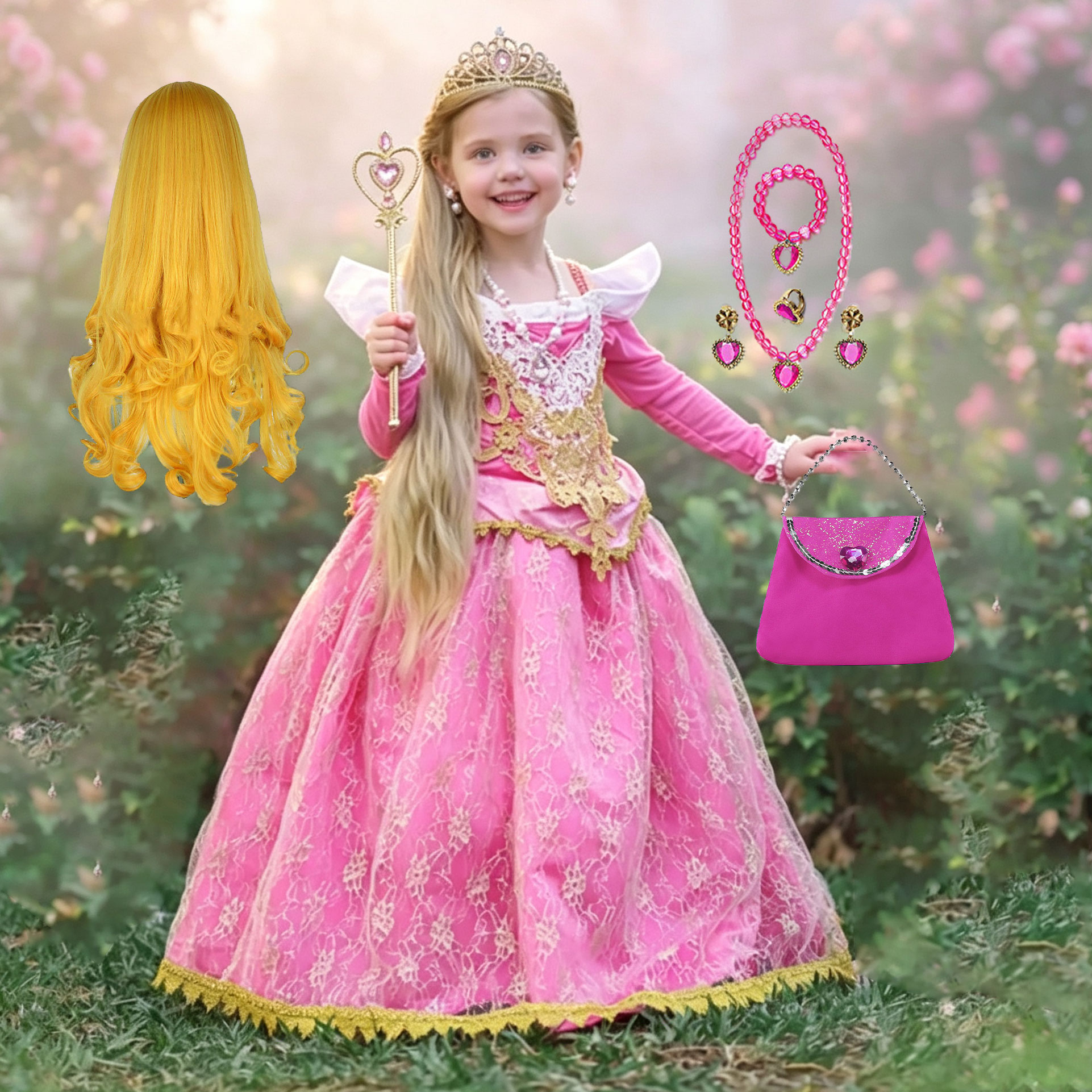 Embroidery Gold - Girl Pink Lace Luxury Princess Dress