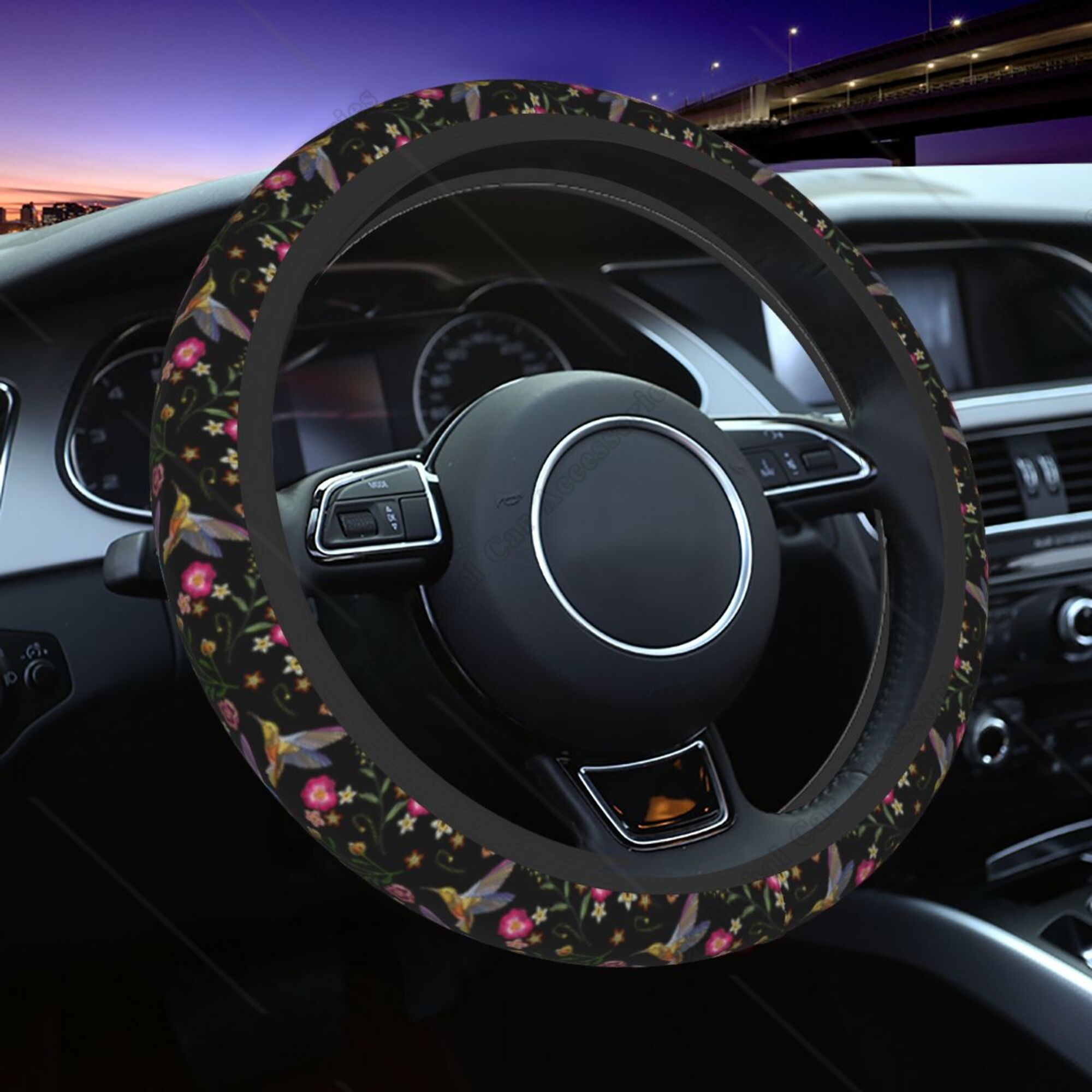 Embroidery Hub - Hummingbirds and Flower Car Steering Wheel