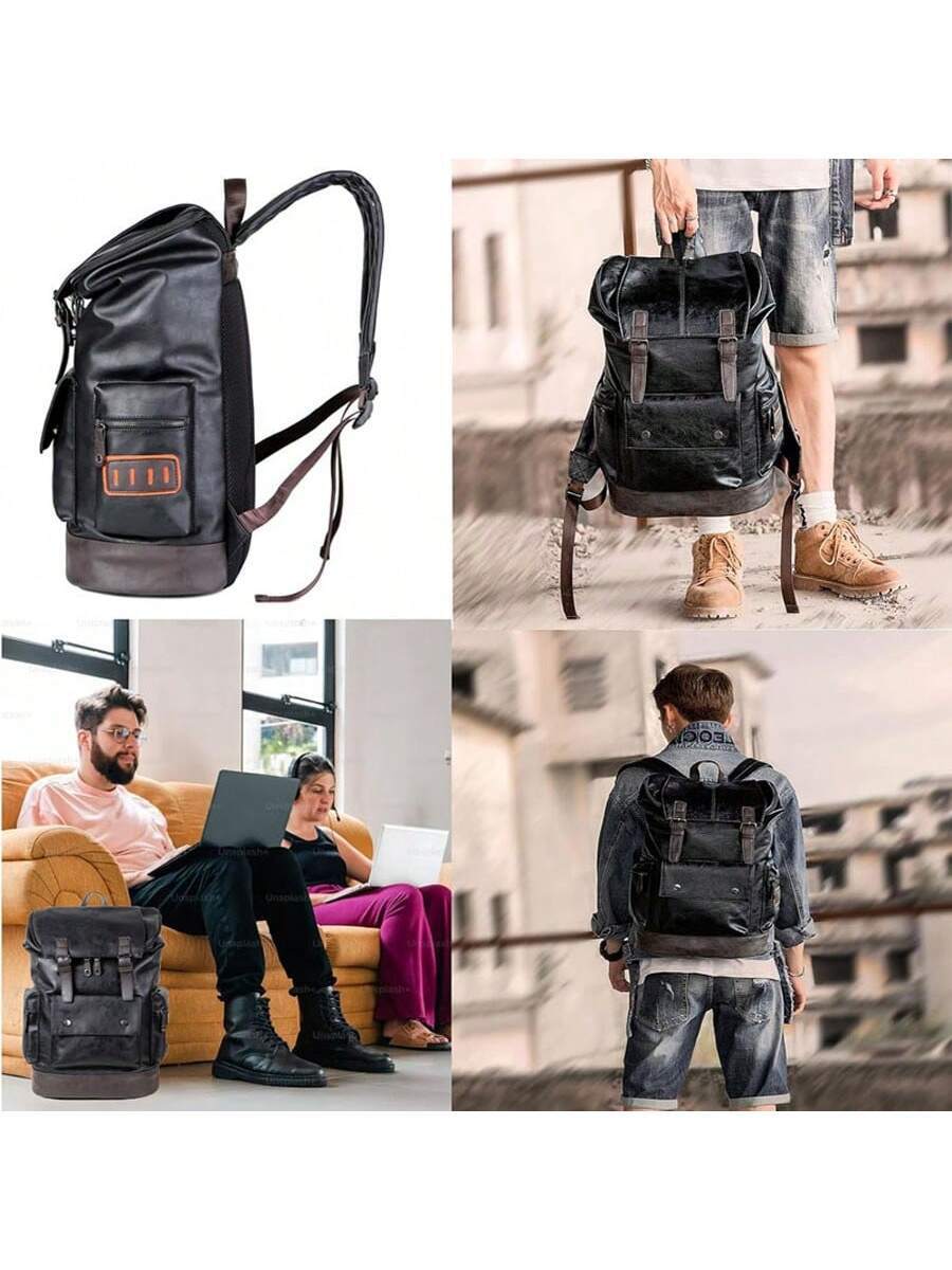 Embroidery Yes - Vintage Black Leather Laptop Backpack For