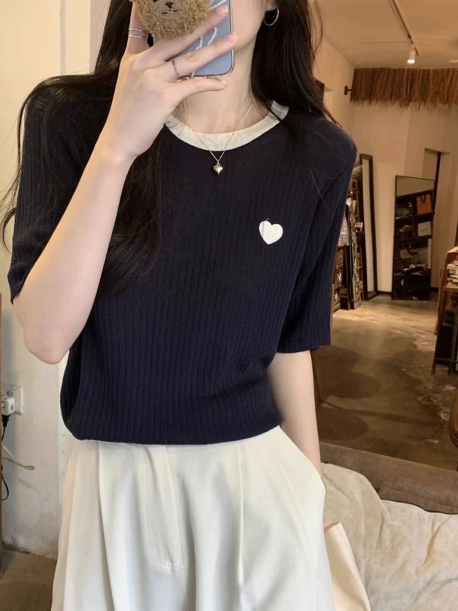 Knit Short Sleeve T-Shirt Wome - đánh giá và giá Embroidery Design Love