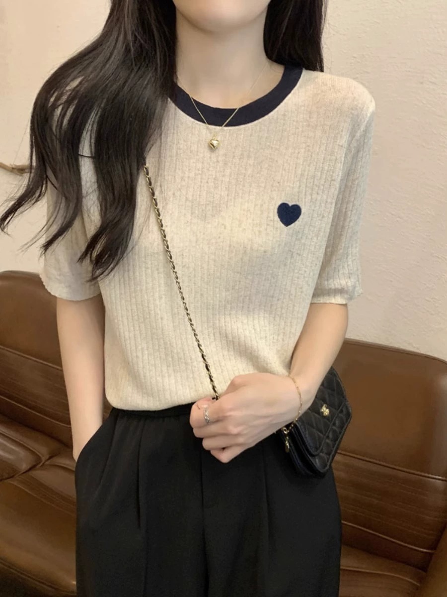 Knit Short Sleeve T-Shirt Wome - đánh giá và giá Embroidery Design Love